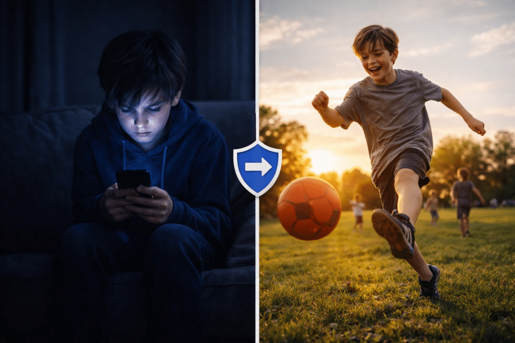 Kind am Smartphone im Dunkeln wird durch Bloctura Kinderschutz zu aktivem Kind beim Fußballspielen draußen